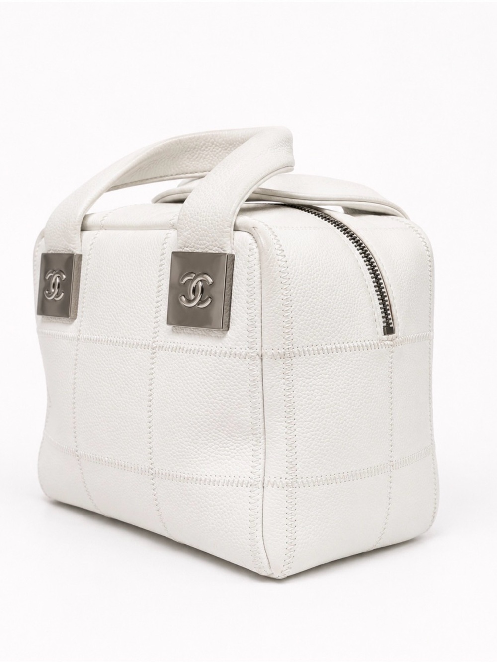 CHANEL White Quilted Caviar Leather Small Bowler Bag - New With Tags